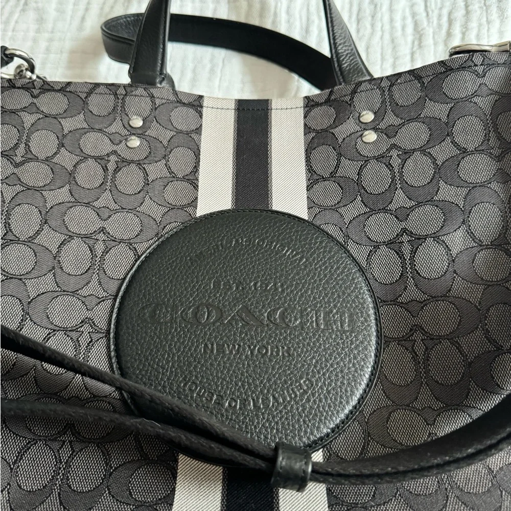 Coach Gray Signature Tote with Black Trim and Burgundy Interior